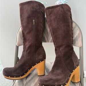 UGG Brown Suede Fleece Lined High-Heel Clog Knee Boots